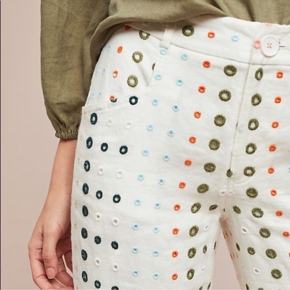 Anthropologie Ett:twa White Linen Colorful Eyelet Wide-Leg Trousers Pants Size 2 - Picture 4 of 10